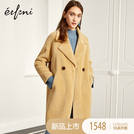 伊芙丽2018冬装新款韩版宽松时尚气质撞色双排扣中长款毛毛外套女商品大图