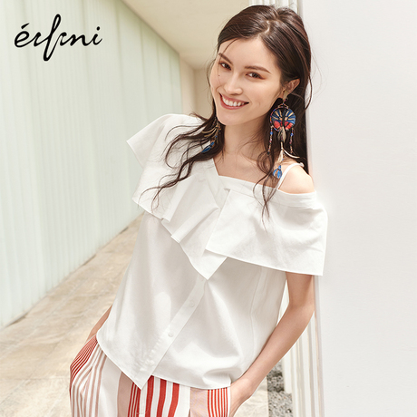 何穗同款伊芙丽2018夏季新款韩版衬衣漏肩别致短袖宽松衬衫女韩范商品大图