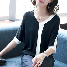宝诗黎V领撞色拼接针织T恤女蝙蝠袖夏装2018新款上衣女韩范打底衫