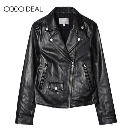 COCO DEAL日系女装翻领插袋拉链长袖羊皮革机车夹克外套37614161商品大图