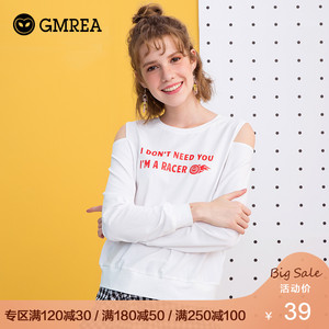 歌美瑞2018秋冬新款白色长袖T恤女圆领女装chic露肩上衣学生