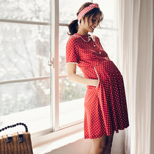 新款 中长款 孕妇波点裙时尚 BELLYWEAR夏装 水晶麻法式翻领哺乳裙