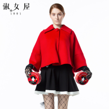 淑女屋2018年冬季新款西装领短款合体柔软红色毛呢外套图片