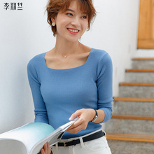 李羽竺韩版套头内搭打底毛衣早秋新款方领长袖针织衫女装简约宽松图片