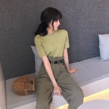 配腰带 针织衫 女夏季新款 高腰阔腿休闲长裤 韩国百搭圆领短袖 套装