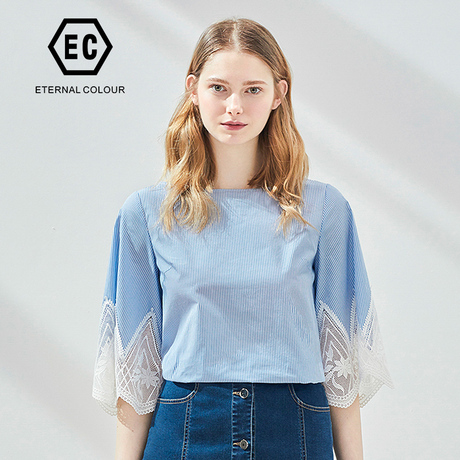 Eternal．Color/永恒颜色新品知性蓝白条纹拼接蕾丝小衫L298S890商品大图