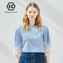 Eternal．Color/永恒颜色新品知性蓝白条纹拼接蕾丝小衫L298S890图片