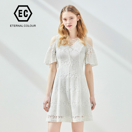 Eternal．Color/永恒颜色永恒颜色2018淑女蕾丝漏肩中款连衣裙商品大图