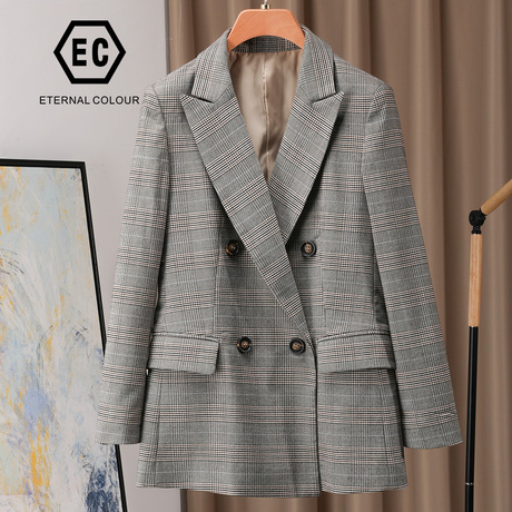 永恒颜色2018秋冬新品复古格子双排扣西装女外套L398W779商品大图