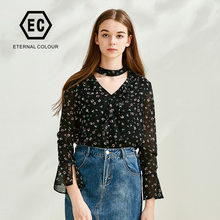 永恒颜色2018秋装新品V领碎花雪纺时尚淑女小衫L107S422图片