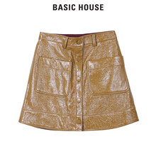 Basic House/百家好冬季短裙韩版简约皮革自然腰半身裙女HQSK721D图片