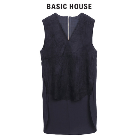 Basic House/百家好V领无袖中长款时髦显瘦拼接短袖女HQBL720X商品大图