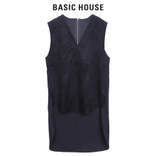 Basic House/百家好V领无袖中长款时髦显瘦拼接短袖女HQBL720X图片