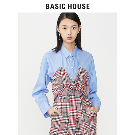 Basic House/百家好冬季新款长袖方领蝴蝶结个性格子衬衫HSWS721A商品大图