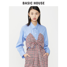 Basic House/百家好冬季新款长袖方领蝴蝶结个性格子衬衫HSWS721A图片
