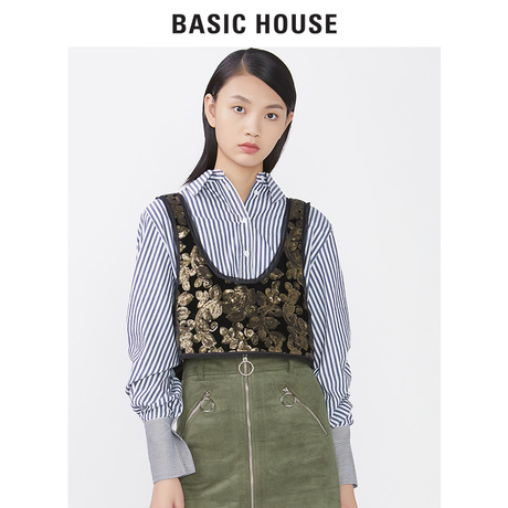 Basic House/百家好秋冬款印花小背心外搭工字型短款马甲HQVT720B商品大图