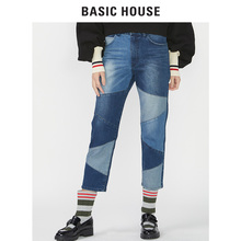Basic House/百家好秋冬款拼色自然腰长裤经典直筒牛仔裤HQDP721D图片