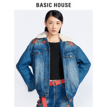 Basic House/百家好冬季新款绣花毛毛领短款牛仔外套女HRJK721C图片