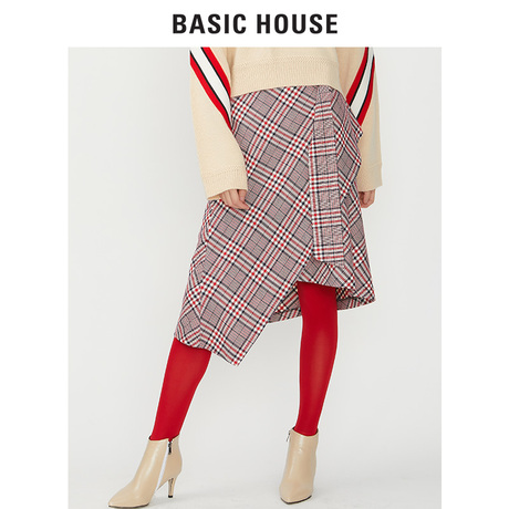 Basic House/百家好2018冬季加绒格纹不规则短款半裙女HSSK725A商品大图