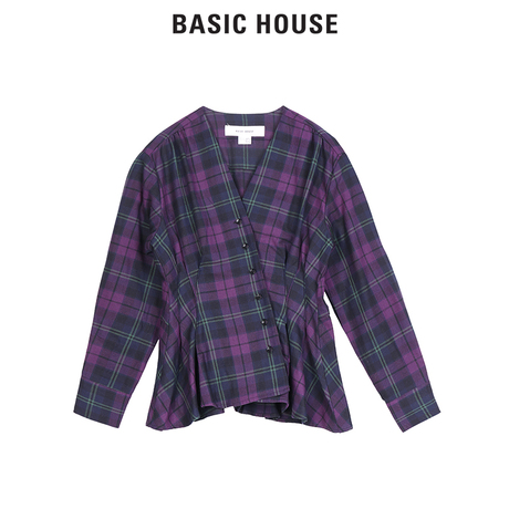 Basic House/百家好2018冬季新款格纹V领收腰长袖衬衫女HSBL725A商品大图