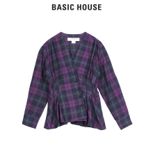 Basic House/百家好2018冬季新款格纹V领收腰长袖衬衫女HSBL725A图片