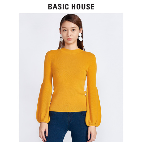 Basic House/百家好冬季新款纯色圆领羊腿袖修身针织毛衣HRKT721B商品大图