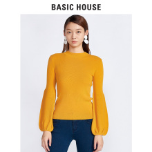Basic House/百家好冬季新款纯色圆领羊腿袖修身针织毛衣HRKT721B图片