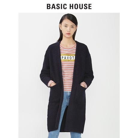 Basic House/百家好冬季新款中长款贴袋百搭针织开衫女HRKT720T商品大图