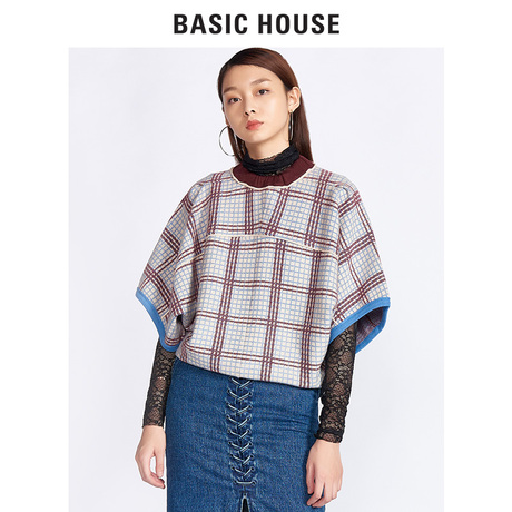 Basic House/百家好冬季新款格纹拼色宽松圆领T恤女HRKT721K商品大图