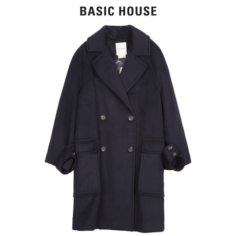Basic House/百家好冬季新款加厚纯色毛呢大衣韩版西装领HSCA725D商品大图