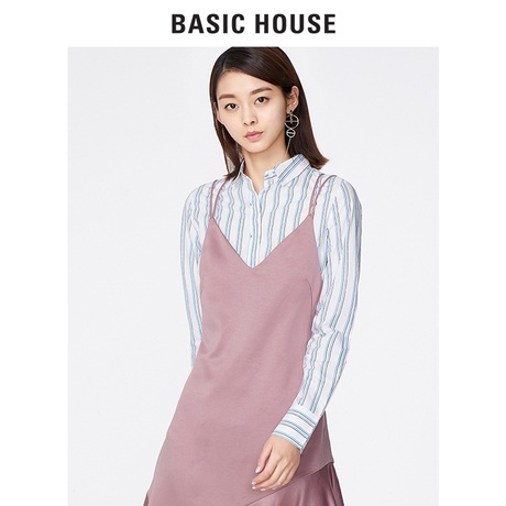 Basic House/百家好宽松休闲衬衫 女式休闲条纹衬衣上衣HRWS122A商品大图