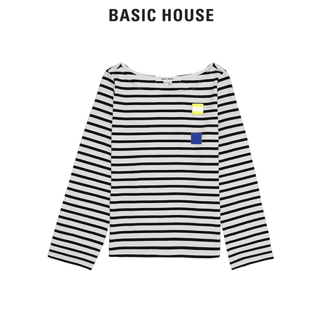 Basic House/百家好春秋季新款韩版时尚原宿条纹T恤宽松HRTS121F商品大图