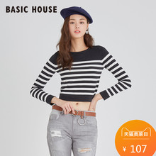 Basic House/百家好春秋季百搭条纹圆领修身长袖针织衫女HQKT121D图片