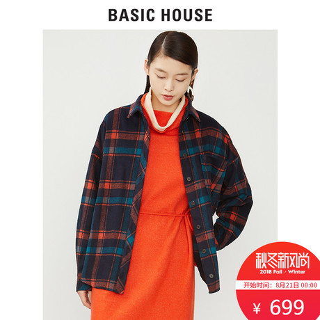 Basic House/百家好秋冬季格子翻领长袖衬衫宽松韩版上衣HSBL728A商品大图