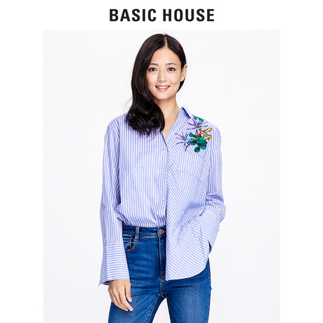 Basic House/百家好长袖衬衣2017冬季新款刺绣条纹衬衫女HRWS729A商品大图
