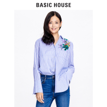 Basic House/百家好长袖衬衣2017冬季新款刺绣条纹衬衫女HRWS729A图片