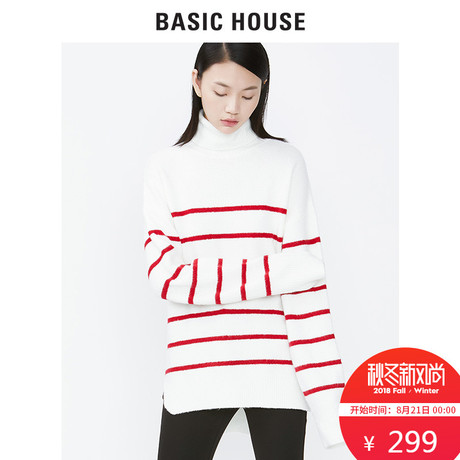 Basic House/百家好秋冬新款条纹高领针织衫长袖保暖毛衣HSKT728G商品大图