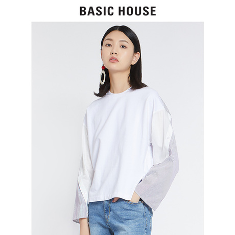 BasicHouse/百家好2018秋新款不规则t恤拼接撞色上衣长袖HSTS521D商品大图