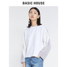 BasicHouse/百家好2018秋新款不规则t恤拼接撞色上衣长袖HSTS521D图片