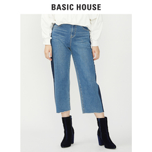 Basic House/百家好2018秋冬新款拼条九分直筒牛仔裤加绒HSDP721F图片