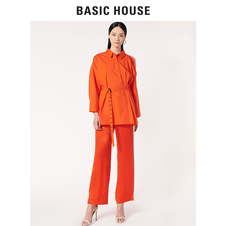 Basic House/百家好翻领收腰衬衣露肩长袖系带纯色衬衫女HSWS325A商品大图
