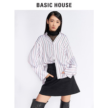 Basic House/百家好翻领单排扣竖条纹休闲长袖衬衫女上衣HRWS721A图片