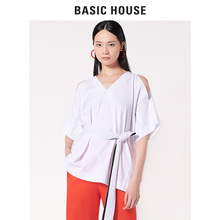 Basic House/百家好18年夏季新款V领露肩衬衫腰带上衣女HSBL321F图片