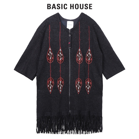 Basic House/百家好秋季新款针织衫宽松五分袖直筒衬衫女HQKT521D商品大图