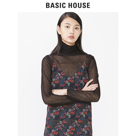 Basic House/百家好秋冬新款堆堆领修身百搭打底针织衫女HQKT720A商品大图