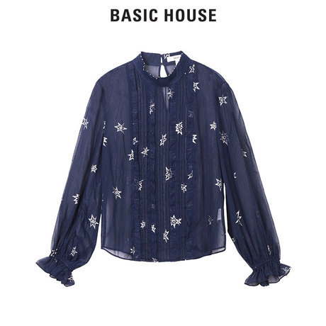 Basic House/百家好秋季韩版长袖印花透气立领衬衫女韩范HQBL521F商品大图