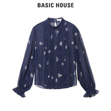 Basic House/百家好秋季韩版长袖印花透气立领衬衫女韩范HQBL521F图片