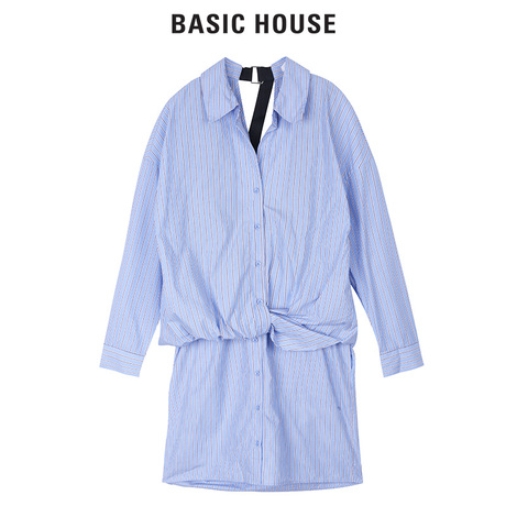 Basic House/百家好2018春秋新款露背中长款长袖衬衫女裙HSWS525C商品大图