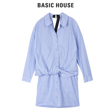 Basic House/百家好2018春秋新款露背中长款长袖衬衫女裙HSWS525C图片
