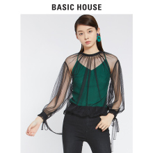 Basic House/百家好秋季新款韩版网纱长袖透明衬衫镂空HSBL521F图片
